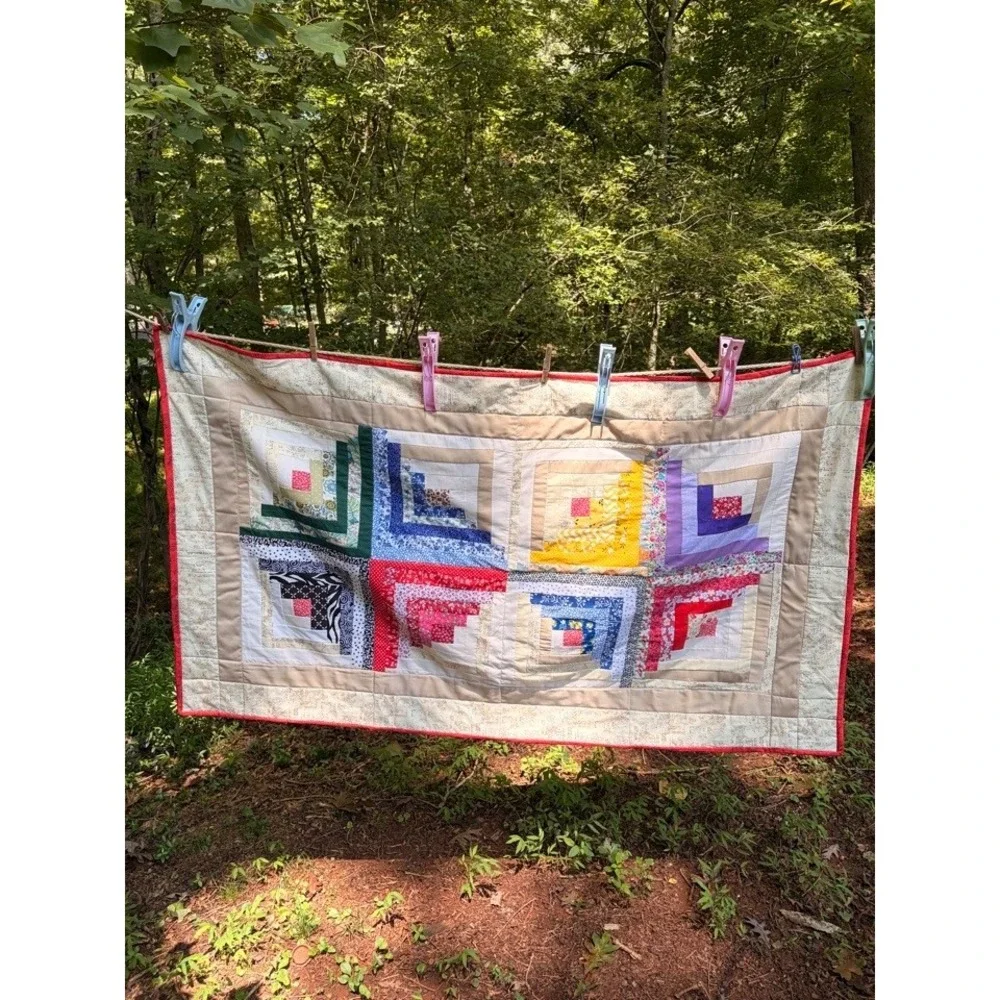 Handmade Log Cabin Patchwork Quilt Multi-Color Cotton Lap Throw 51 x 34
